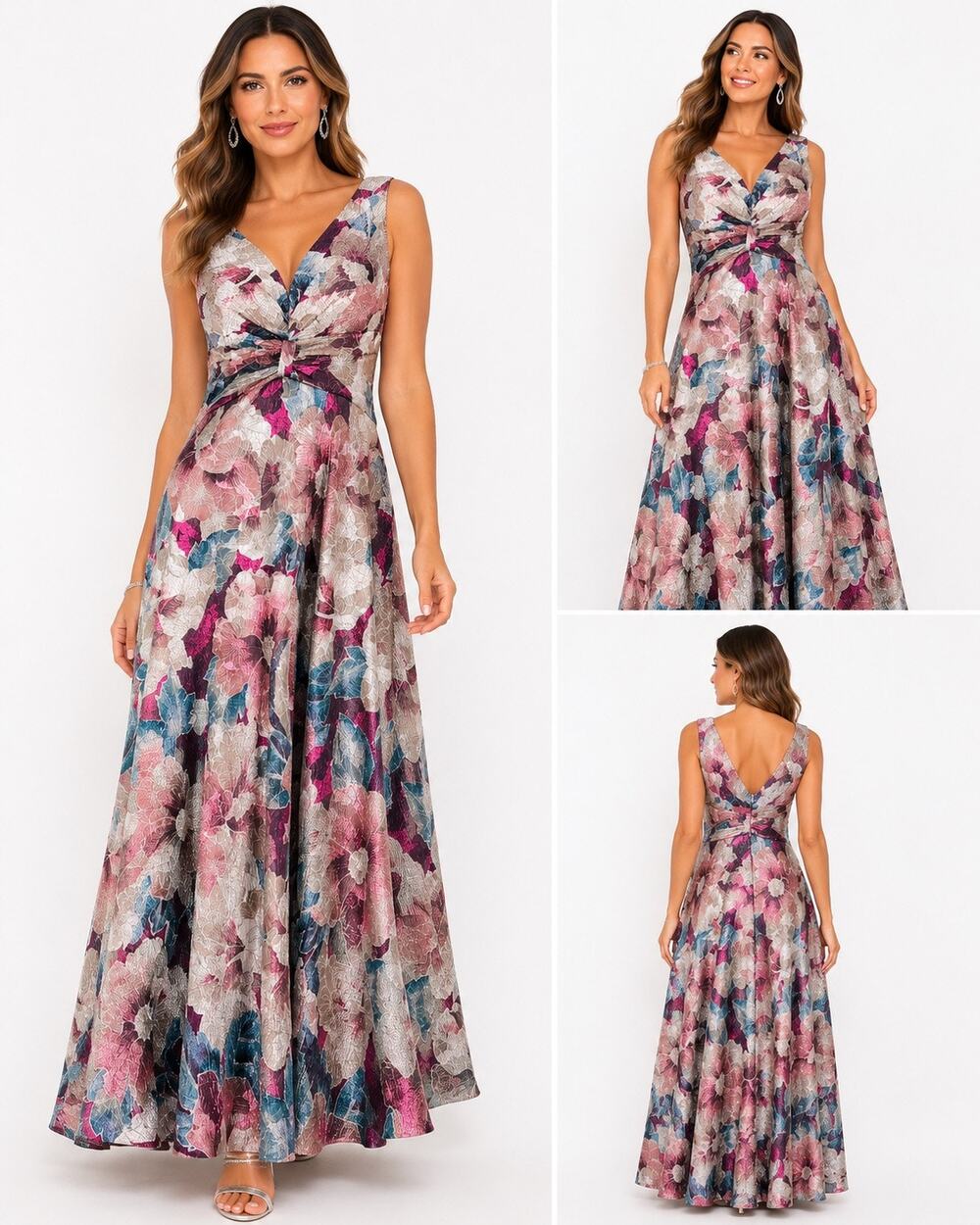 R&M Richards Metallic Floral Sleeveless Twist Front Maxi Dress Women’s Size 6